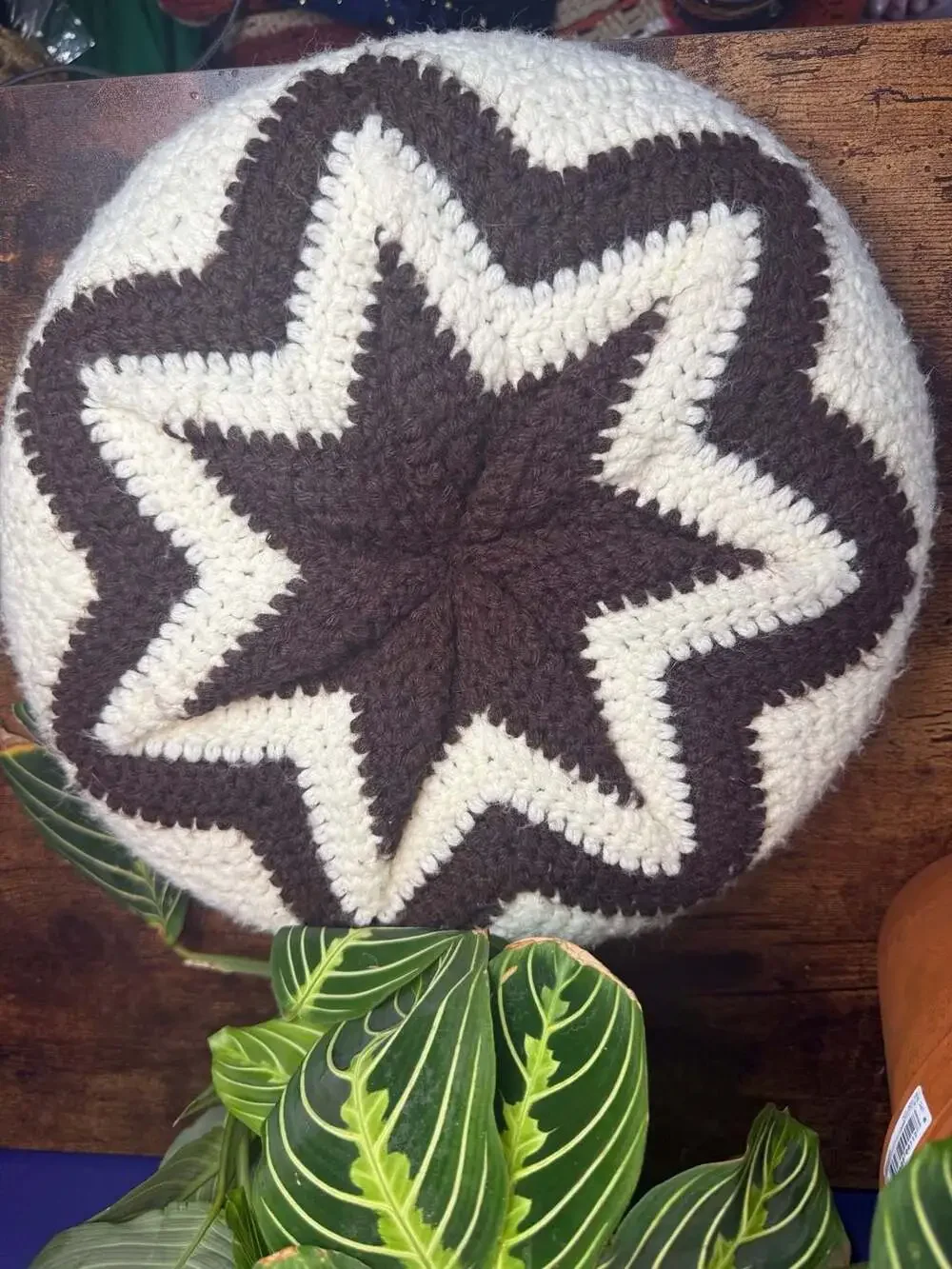 Vintage Handmade Crochet Starburst Round Pillow Cream and Brown 12 Inch
